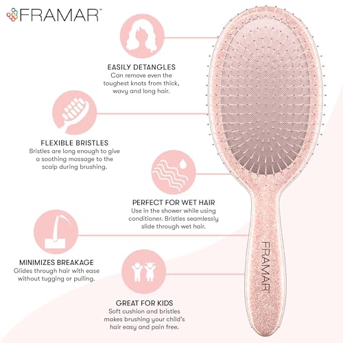 FRAMAR Glitter Hair Brush Detangler, Detangling Hairbrush For Women, Wet Hair Brush For Girls, Hair Detangler Brush, Wet Hairbrush, Hairbrushes, Reduces Frizz – Rosé - color: Rose Gold