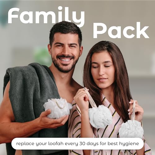MainBasics Shower Loofah Sponge Pouf, Set of 3, Snow White | Soft Mesh Body Scrubber and Bath Sponge for Gentle Exfoliation, Rich Lather, and Everyday Shower Use - style: Snow White