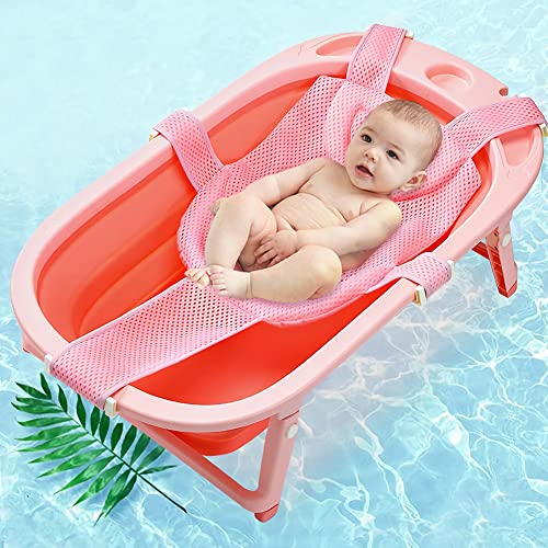 Baby Bath Seat Support Net Newborn Bath Cushion Pad Anti-Slip Infant Bathtub Sling Shower Mesh Mat Soft Bath Net Bath Pillow Adjustable Shower Pad for 0-18 Months - color: pink