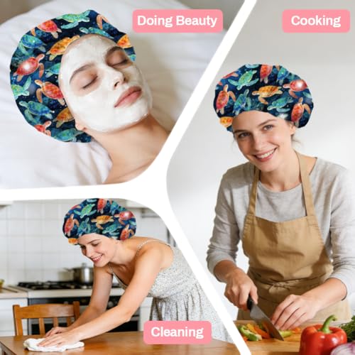 Sea Turtle Reusable Shower Cap Ocean Double Layer Waterproof Shower Caps Large Elastic Hair Cover Adjustable Hair - Drying Caps for Woman Man Bath SPA Travel One Size Fits Most - color: Sea Turtle