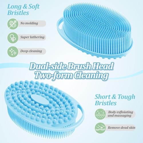 Soft Silicone Body Scrubber 2PCS, 2-in-1 Bath & Shampoo Brush with Dual-Side Usage, Hygienic Silicone Loofah Shower Scrubber for Gentle Exfoliating & Good Lathering(Bluex2) - color: Blue*2