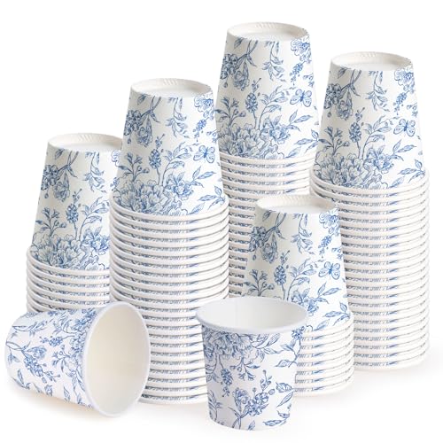 WRAPAHOLIC 3oz Paper Cups - 100 Pack Disposable Bathroom Cups with Toile Blue Floral Design, Small Mouthwash Cup for Toothbrush Rinse, Home Bathroom, Picnic, BBQ, Travel and Party - color: Blue and White Peony