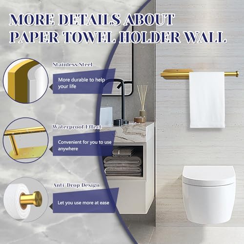 Paper Towel Holder, Self Adhesive or Drilling Paper Towel Holder Under Cabinet, Stainless Steel Paper Towel Holders Wall Mount for Kitchen, Bathroom, Sink, Pantry, Fridge (Gold) - color: Gold