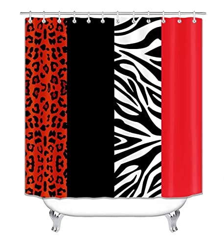 4PCS Leopard Print Shower Curtain Set with Rug, Toilet Lid Cover and Bath Mat,Red Black Splice Shower Curtain with 12 Hooks, Complete Bathroom Accessories Decor Set - color: A-red
