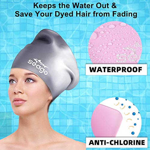 Swim Cap Long Hair 2 Pack Swimming Caps for Women Silicone Swim Caps Keep Hair Dry Waterproof Comfortable Flexible Durable Bathing Cap Tear-Proof Design Large Women Adult Swimming Cap 10+ Years Girls - color: Purple & Gray