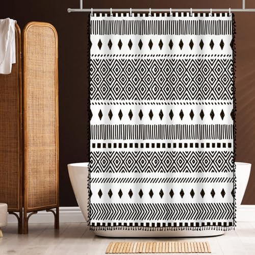 AOFOTO Bohemian Shower Curtain Black and White Geometric Design Shower Curtains with Black Tassel Boho Pattern Shower Curtains for Bathroom Waterproof Fabric Bath Curtain Sets with Hooks 48x72 Inches - color: Black Stripe, size: 48"W x 72"L (Pack of 1)