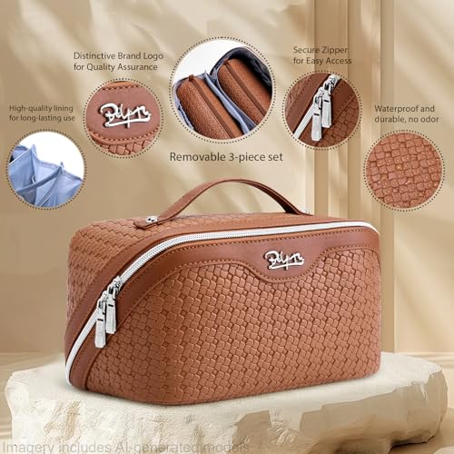 BOYATU Travel Makeup Bag Cosmetic Bags for Women: Large Capacity 3 Pcs Set Make up Bag with Compartments - Waterproof Vegan Leather Toiletry Organizer Bags with Handle (L53Brown) - color: L53Brown