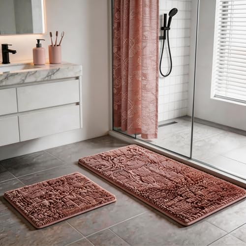 Chenille Bathroom Rugs Set 2 Piece Bath Mats for Bathroom Non-Slip Luxury Batroom Runner Rug Extra Soft and Absorbent Shaggy Rugs Washable Dry Plush - color: Coral Pink, size: 32"L x 20"W + 24"L x 16"W