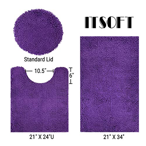 ITSOFT 3pc Non-Slip Shaggy Chenille Bathroom Mat Set, Includes 24"" x21 U-Shaped Contour Toilet Rug, 34"" x21 Bathmat and 1 Toilet Lid Cover, Lilac - color: Lilac, size: 24''x21’’, 34’’x21’’ and TLC (Set)