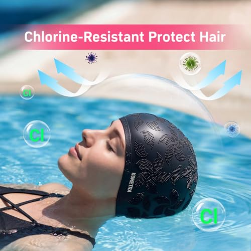 Women Swim Cap 2 Pack for Long Hair, Silicone Flower Adult Swimming Caps Waterproof for Girl Youth No Wet Hair - color: Black & Black