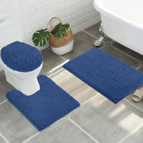 Standard 3pc Set Chenille Bath Mats, Includes 21"x24" U-Shaped Contour Toilet Rug, 21"x34" Inches Bathmat and 1 Toilet Lid Cover, Plush Absorbent Bath Mats Quick Dry, Dark Blue - color: Dark Blue, size: 24"x21", 34"x21" and TLC (Set)