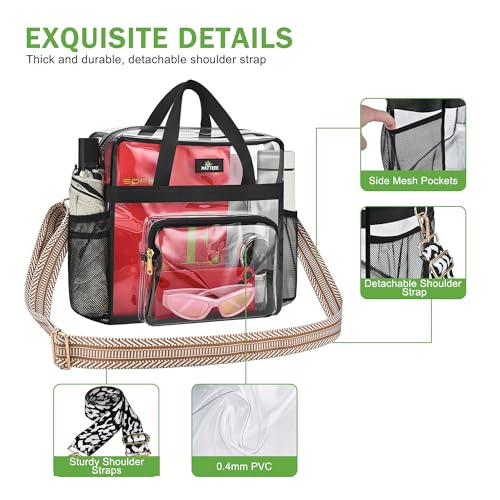 MAY TREE Clear Bag for Stadium Events, 12x6x16 Clear Tote Bag with Removable Strap, Transparent Bag for Concert Sports Gym, White & Beige-Strap - color: White & Beige-Strap