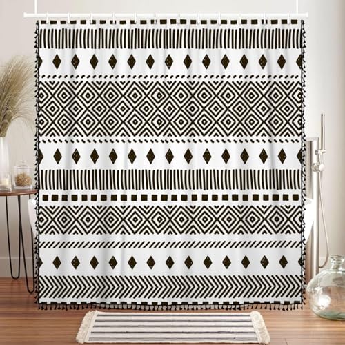AOFOTO Bohemian Shower Curtain Black and White Geometric Design Shower Curtains with Black Tassel Boho Pattern Shower Curtains for Bathroom Waterproof Fabric Bath Curtain Sets with Hooks 60x72 Inches - color: Black Stripe, size: 60"W x 72"L (Pack of 1)