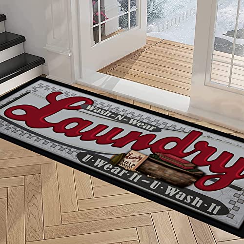 Pauwer Laundry Room Rug Runner 20"x60" Waterproof Rubber Laundry Mat Non Slip Kitchen Mats for Floor Washable Floor Mat Runner Rug for Farmhouse Mudroom Washroom Bathroom Decor - color: Laundry Grey Red, size: 1'8" x 5'