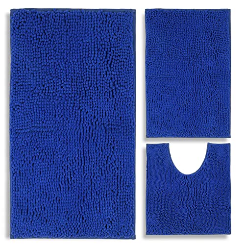 Bathroom Rugs Chenille 3-Piece Extra Soft and Absorbent Shag Bathroom Rugs, Machine Wash Mat, Strong PVC Non-Slip Underside, Plush Carpet Mats (Royal Blue) - color: Royal Blue, size: 2'8" x 1'8" (16x24"+20x32"+20x20"U shape）