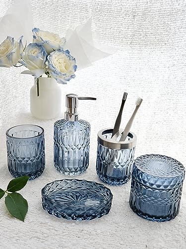 LaMarriti Blue Bathroom Accessories Set, 5Pcs Clear Glass Bathroom Accessories, Hand Soap Dispenser, Soap Dish, Toothbrush Holder Set, Qtips Holder for Crystal Vintage Bath Countertop Decor, Gift Set - style: Blue
