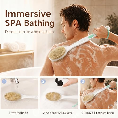 Back Scrubber for Shower with Long Handle,Green | Double Sided Bristles (Stiff & Soft), Anti-Slip Grip, Lightweight - Gift for Seniors, Includes Lanyard & Hook - color: Green
