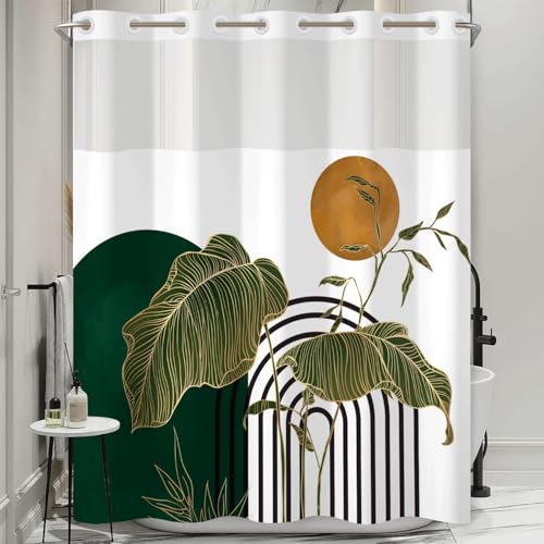 No Hook Shower Curtain with Snap in Liner Set, Modern Botanical Tropical Leaf with Abstract Arch Print Shower Curtains for Boho Art Deco Bathroom, Mesh Top Waterproof Bath Curtain, 71x74 Inch - color: Boho Tropical Leaf