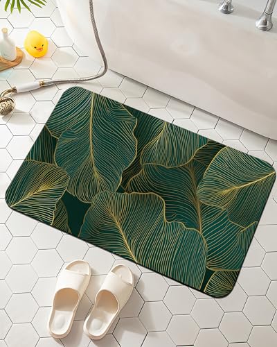 Palm Leaves Bath Mat, Gold Line Bathroom Rugs, Absorbent Bath Rug Floor Rug Carpet for Bathroom Bathtub Bedroom Living Room, 17 x 29.5 Inches - color: Palm Leaves Gold Line