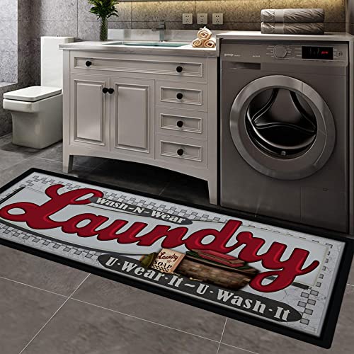 Pauwer Laundry Room Rug Runner 20"x60" Waterproof Rubber Laundry Mat Non Slip Kitchen Mats for Floor Washable Floor Mat Runner Rug for Farmhouse Mudroom Washroom Bathroom Decor - color: Laundry Grey Red, size: 1'8" x 5'
