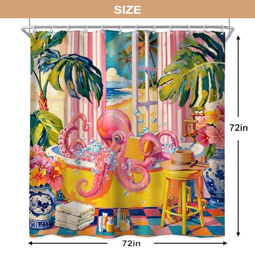 Newsely Funny Octopus Shower Curtain 72Wx72L Inch Funky Whimsical Boho Coastal Matisse Tropical Plant Pink Hawaii Modern Cool Kids Bathroom Set Unique Waterproof Bath Decoration Accessories Home Decor - color: Q-octopus2, size: 72"W x 72"L (Pack of 1)