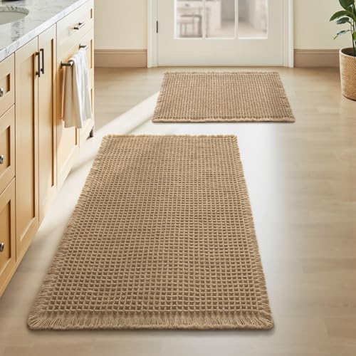 Upgraded Waffle Bath Mat Set of 2, Super Absorbent Non Slip Bath Mats for Bathroom Floor, Machine Washable Boho Bathroom Rugs Set 2 Piece with Tassels, Soft Bathroom Mat Set, 17" x 24" +18" x 30" - color: Brown, size: 17" x 24" + 18" x 30"