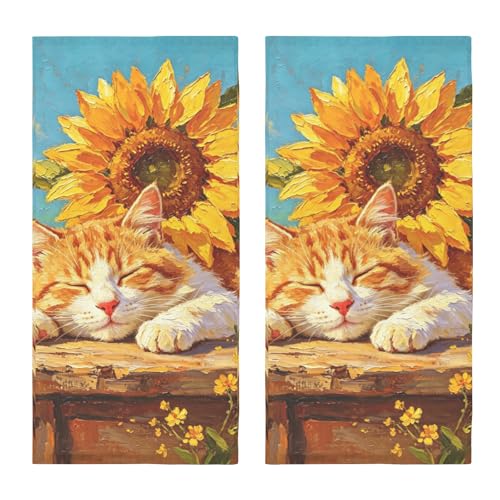 Yellow Sunflower Cat Hand Towels for Bathroom 14.4x28.3 Inch Set of 2 | Yellow Floral，Polyester Cotton，Soft，Breathable，Skin-Friendly，for Holiday Kitchen Hotel Swimming Gym Spa Decor - color: Cat Yellow
