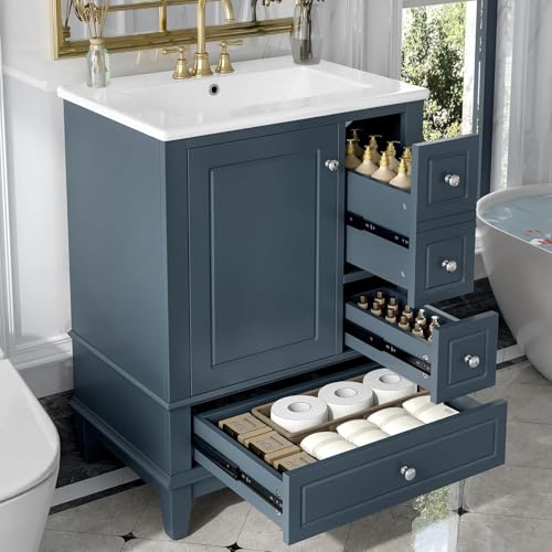 Linique 24" Bathroom Vanity with Sink Combo Set, Solid Wood Frame Bathroom Storage Cabinet with 3 Drawers, Soft Closing Door with Organizer, Blue Gray - color: Blue Gray, size: 24"/ Door with Organizer