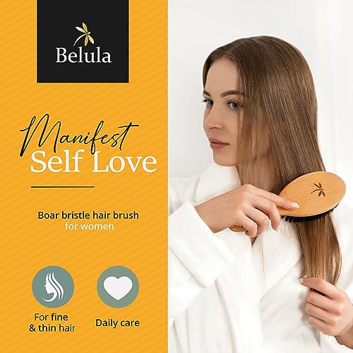100% Boar Bristle Hair Brush for Women Set by Belula (L Size). Soft Natural Bristles for Thin and Fine Hair. Wooden Comb, Travel Bag and Spa Headband Included! - size: Large