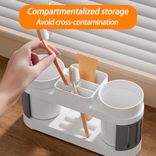 Round Toothbrush Holder Set: Bathroom Vanity Organizer for Toothbrushes & Cups, Suitable for Couples & Kids (Gray White)