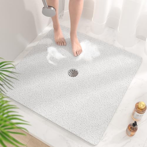HITSLAM Square Shower Mat, 36 x 36 Inch Non Slip Bath Mat for Tub, Soft PVC Loofah Bathtub Mats with Drain Holes, Quick Drying Bathroom Stall Floor Mat, Bathroom Accessories Without Suction Cup, White - color: White, size: 36" x 36" (Square)