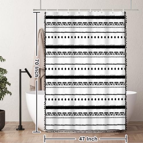 AOFOTO Boho Shower Curtain Black Striped Geometric Pattern Shower Curtains for Bathroom Tassel Bohemian Shower Curtain Modern Bathroom Home Decor with Hooks Waterproof 48x72 Inches - color: Black Dots, size: 48"W x 72"L (Pack of 1)