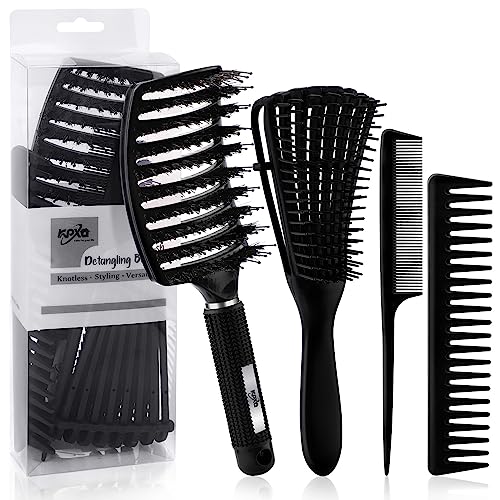 4pcs Curly Hair Brush Set for Adult & Kids Wet or Dry, Detangling Brush for 3/4ABC Hair with Wide Tooth Comb (4, Black) - color: Black, size: 4pcs