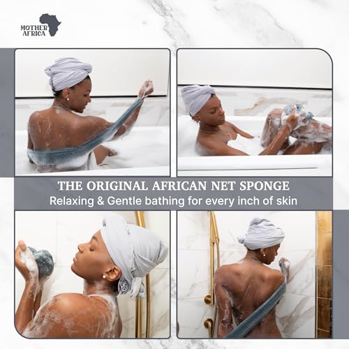 MOTHER AFRICA African Net Sponge Authentic with Knots 2 Pack Black Owned Exfoliating Body Scrubber Bath Sponge for Shower Washcloth Loofah Gentle Deep Cleansing Back Scrubber Face & Body Men & Woman - color: Grey & Black