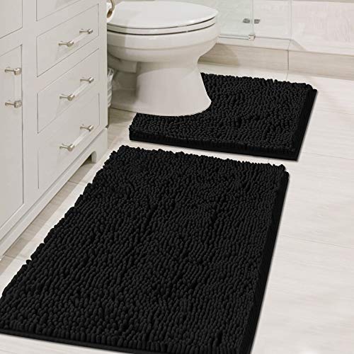H.VERSAILTEX Original Luxury Chenille Bathroom Rug Mat (32" x 20"/20" x 20"), Extra Soft & Absorbent Shaggy Rugs, Machine Wash/Dry, Perfect Plush Carpet Mats for Tub (Curved Set, Black) - color: Black, size: 20" x 32" Plus 20" x 20"
