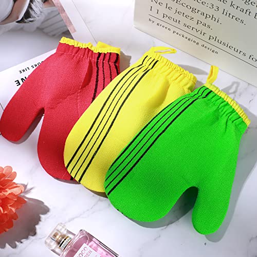 3 Pieces Korean Exfoliating Mitt Exfoliating Washcloth Korean Body Scrub Mitt Italy Face Shower Cloth Asian Bath Massage Mitts for Women and Men Wash Skin Deep Cleaning, Red, Green, Yellow