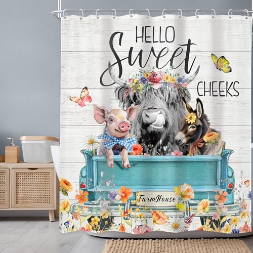 Newsely Highland Cow Farm Shower Curtains for the Bathroom, Cute Cow Chicken and Pig with Flowers on Truck Bathroom Set, Western Farmhouse Rustic Animals Funny Waterproof Bath Accessories 60Wx72H Inch - color: A-01cow, size: 60"W x 72"L (Pack of 1)