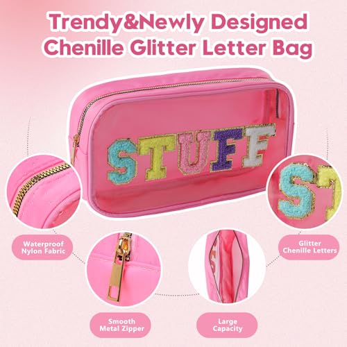 STUFF Cosmetic Makeup Bag with Sewn on Chenille Letters for Women - PVC Clear Waterproof Sunscreen Organizer for Beach, Swim & Travel, Toiletry SPF Pouch - style: Pink Stuff