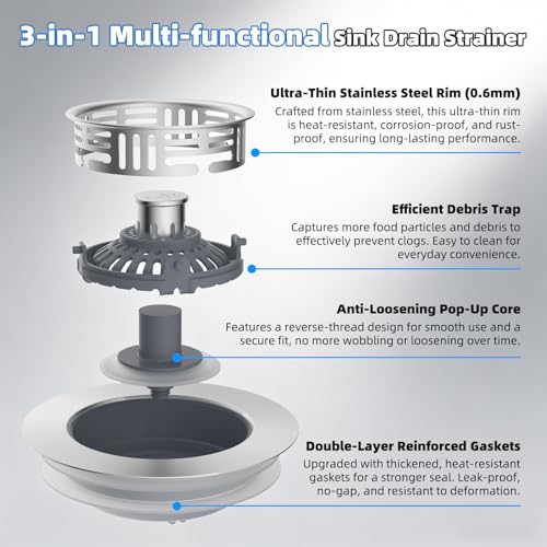 Hibbent Upgraded 3 in 1 Kitchen Sink Drain Strainer, Stainless Steel Pop Up Sink Stopper, Larger Anti-Clogging Basket, 3-Layer Seal, Detachable Drain Plug for US Standard 3-1/2" Drain, Brushed Nickel - color: Brushed Nickel
