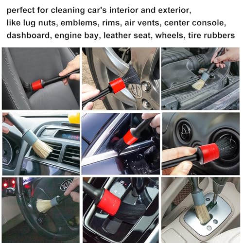 Detailing Brush Set - 10 Pcs Detail Brushes Car Detailing, Auto Boar Hair Car Detail Brush for Cleaning Car Interior Exterior, Vehicles Wheels Leather Engine Dashboard - color: Car Detail Brushes Black+gray
