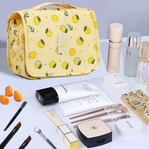 L&FY Hanging Travel Toiletry Bag Women's Cosmetic Organizer Makeup Pouch Men's Shaving Kits With Handle (Yellow Lemon) - color: Yellow Lemon, size: Compact Size