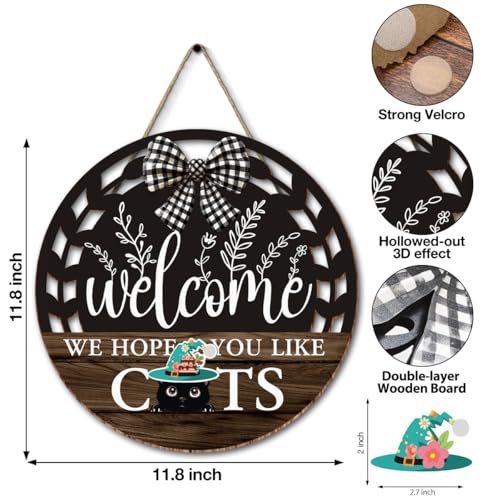 Interchangeable Seasonal Welcome Hanging Sign - Farmhouse Front Door Decoration for Holidays - Rustic Round Wood Wreaths with 12 Icons – Welcome Cat Lover(Brown) - color: catsbrown