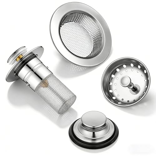 4-Piece Sink Drain Kit: Stainless Steel Strainer Stopper with Handle & Removable Hair Catcher for Kitchen/Bathroom Sinks (1.34"-1.57" Hole), Includes 2 Rubber Gaskets