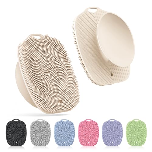 Soft Silicone Body Scrubber, Gentle Like a Hand Exfoliating Your Skin and Build Up Lather Easily, Back Large Suction Cup Easy to Store, Long-Lasting & Deep Clean (Beige) - color: Beige