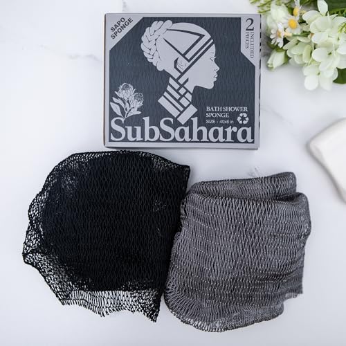 SubSahara Authentic African Net Sponge - 2 Pack Exfoliating Bath & Shower Loofah Sponge for Body & Face, Gentle Scrubber for All Skin Types, Travel, Durable (Black & Grey) - color: Black & Grey