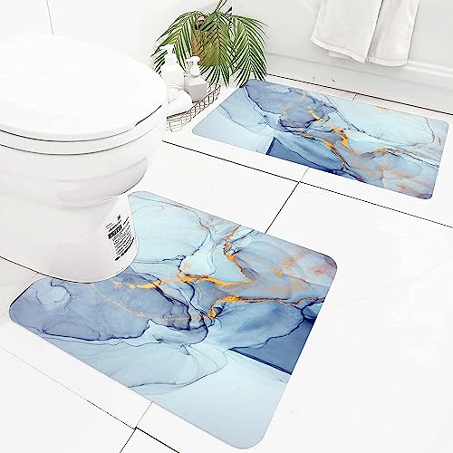EMMTEEY Blue Marble Bath Rug for Bathroom Non Slip Bathroom Rugs Sets 3 Piece Toilet Rug with U Shaped Bath Mat Water Absorbent Low Pile Bath Mat Quick Drying Mat Shower Rugs for Bathroo - color: Blue