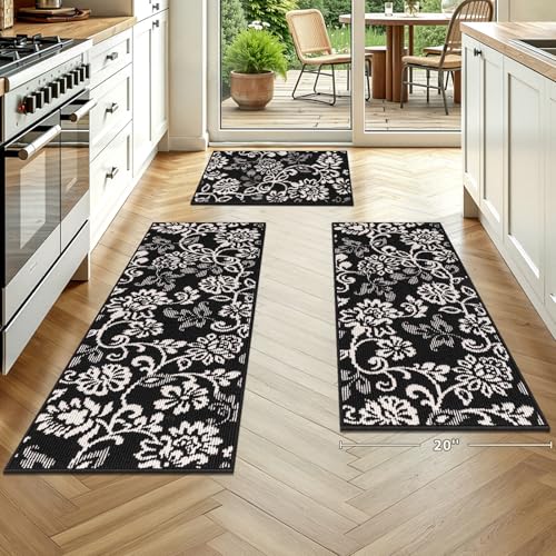 LOKHOM Boho Kitchen Rugs Sets of 3-Non Slip Stain Resistant Kitchen Mats for Floor, Paisley Floral Runner Carpet for Hallways Entryway Laundry Washable (Black & White 20"x32"+20"x48"+20"x59") - color: Black, size: 20"x32"+20"x48"+20"x59"