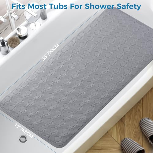 Bathtub Mat Non Slip with Suction Cups - 100% Rubber Bathroom Mat Textured for Bath Tub Shower Safety - Soft on Touch - BPA/PVC Free - Pet Dog Bath Mat - Machine Washable - 17 × 35 Inch（Gray） - color: Gray, size: 35" x 17" (Rectangular)