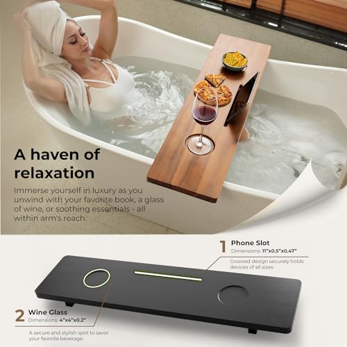 TINAMO 35" Acacia Wood Bathtub Tray, Adjustable Feet with Accessory Holders | Adjustable Width, Lightweight, 35" x 9" x 2.5", Anti-Tipping, Phone/Tablet Stand, Beverage Holder, Beveled Edge Design, Black - color: Black, size: 35" x 9" x 2.5"