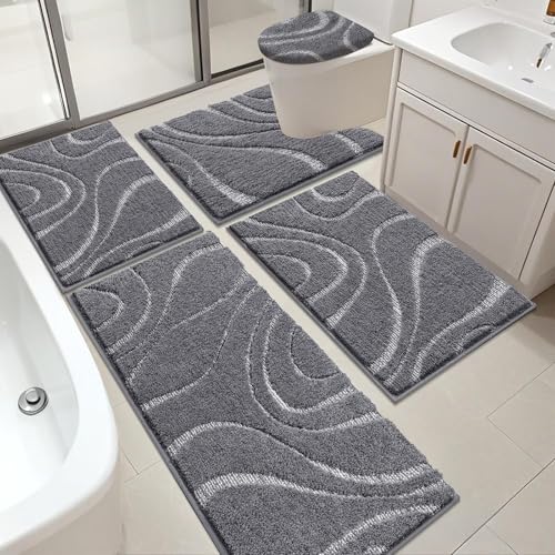 HEBE Bathroom Rugs Sets 5 Piece, Soft Absorbent Microfiber Bath Mat for Bathroom, Non Slip Washable Bath Rug Set with Toilet Cover, Bath Runner and U-Shaped Contour Toilet Rug, Stone Grey - color: Stone Grey, size: 18"x26"+20"x32"+20"x48"+U20"x24"+Cover19